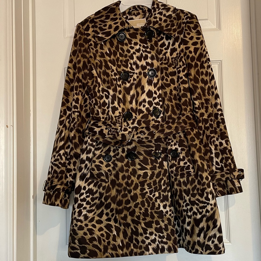 Michael Kors Animal Print Trench Coat size XS Removable Liner Button Front Belt